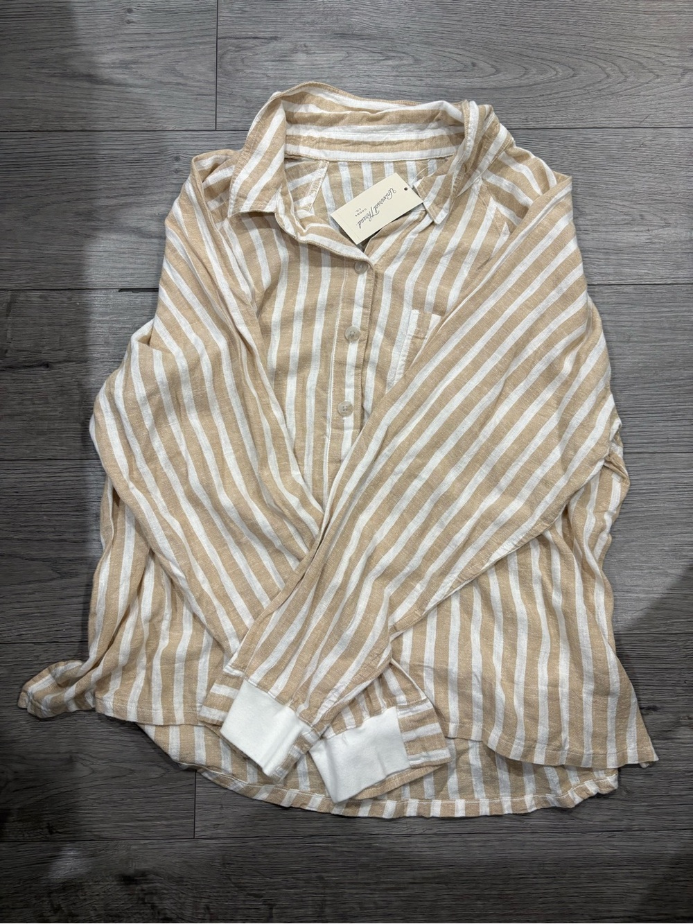 Target Women's Beige and White Striped Button-Down Shirt